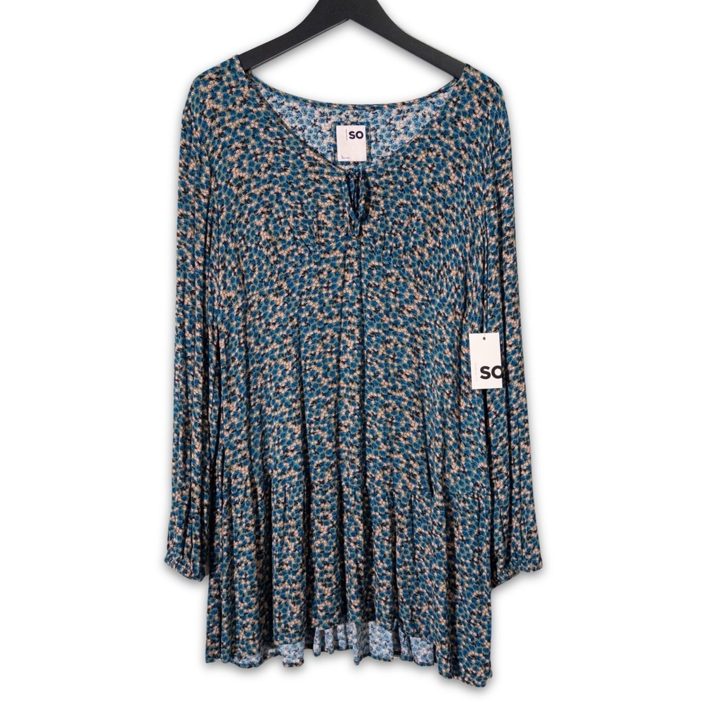 NWT SO Babydoll Tunic Dress Womens Large Blue Floral Long Sleeve Tiered Boho